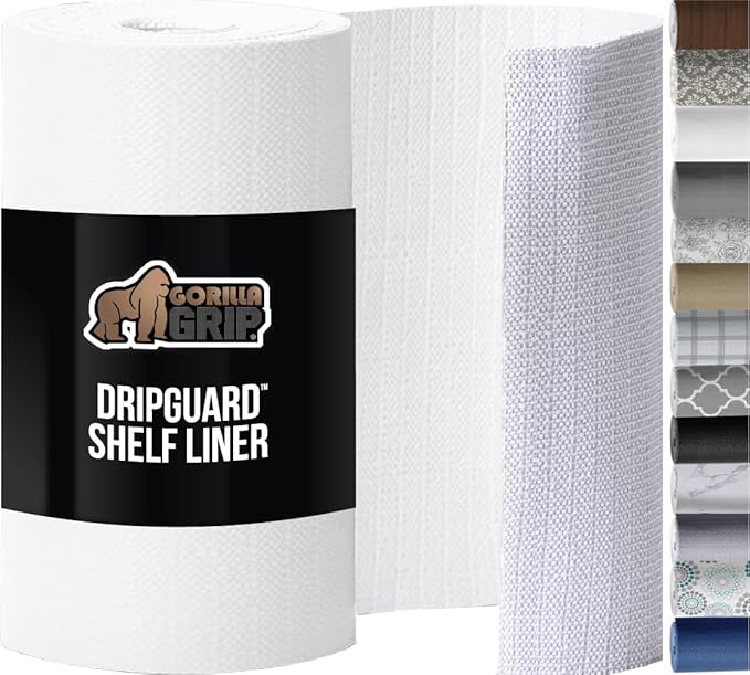 GORILLA GRIP DripGuard Shelf Liner, Non-Adhesive Drawer and Kitchen Cabinet Protector, Strong Grip Slip Resistant Underside, Smooth Surface Liners for Cabinets, Bathroom Closets, 17.5x240 Inch, White