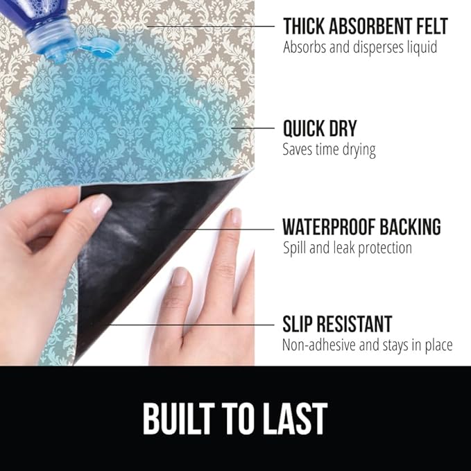 GORILLA GRIP LeakGuard Non-Adhesive Under Sink Mat for Kitchen Cabinet, 24x40, Waterproof Quick Dry Shelf Liner, Durable Absorbent Felt Mats for Bathroom Sinks, Cabinets, Dresser, Damask Taupe Cream