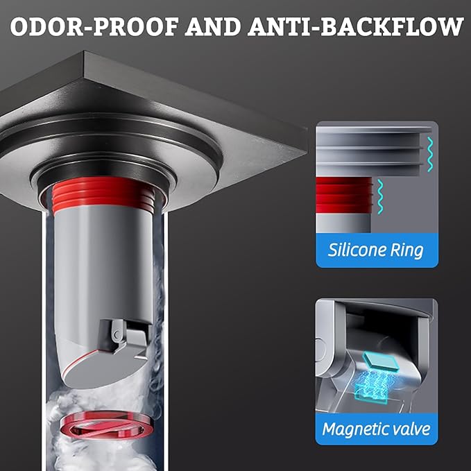 Odor-Proof Shower Drain Plug - Backflow Preventer with Magnetic Closure Valve, Hair Catcher, and Silicone Reducer Ring, Fits 1.9''-3.9'' ID Drains, Sewers, and Pipes (2)