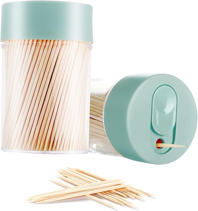 Bamboo Wooden Toothpicks [3000 Count]-With 2-Pack Reusable Toothpick Holder, Sturdy Smooth Finish Tooth Picks, For Appetizer, Olive, Barbecue, Fruit, Teeth Cleaning Toothpicks, Green.