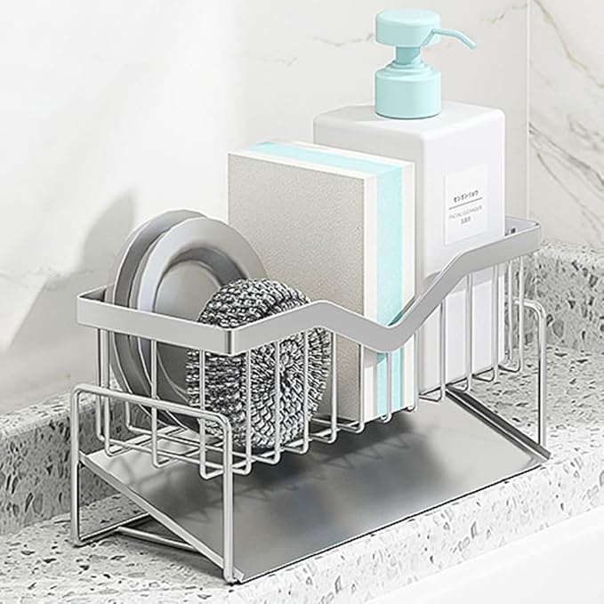 MINGFANITY Kitchen Sink Caddy Sponge Holder, Quick Draining, SUS 304 Stainless Steel Sponge Organizer, Basket for Cleaning and Scrub Tool, Kitchen Sink Brush Caddy Holder