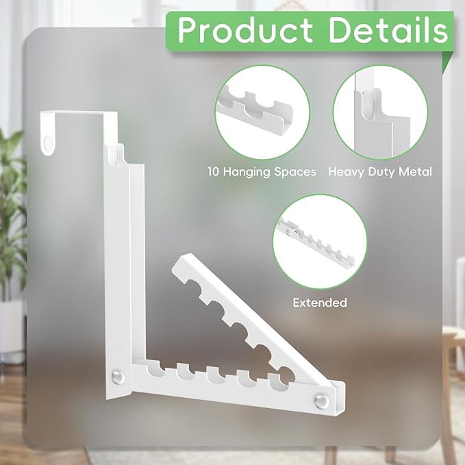 Over The Door Hooks, Over The Door Clothes Hanger with 10 Ridges, Space-Saving Over The Door Drying Rack, Door Hooks for Hanging Clothes, Larger Capacity Over The Door Hanger (1, White)