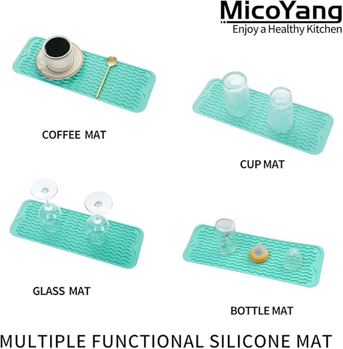 Silicone Dish Drying Mat for Multiple Usage, Easy clean, Eco-friendly, Heat-resistant Silicone Mat for Kitchen Counter, Sink, Bar, Bottle, or Cup Mint M 17 inches x 6 inches