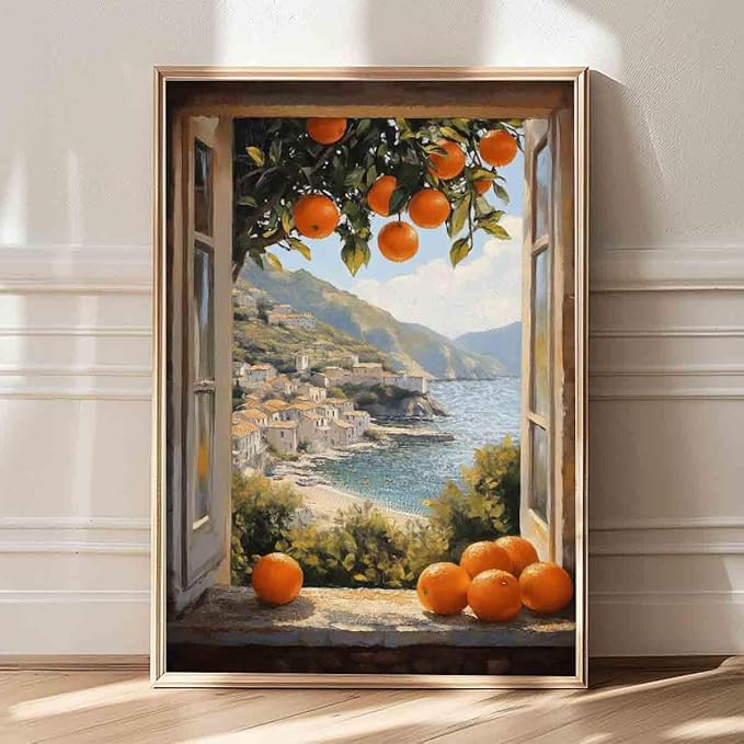 Mediterranean Coastal Wall Art Coastal Landscape Prints Vintage Citrus Wall Art Open Window Poster Still Life Fruit Painting Farmhouse Country Pictures Fruit Living Room Decor 16x24inch No Frame
