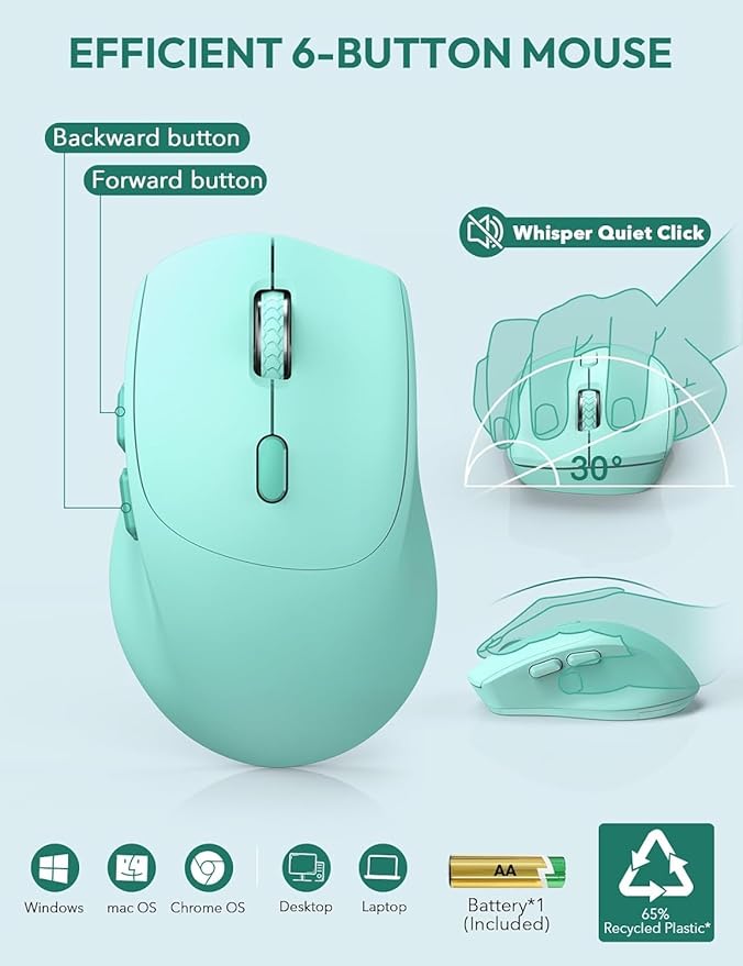 SABLUTE Wireless Keyboard and Mouse, Wrist Rest, Phone Holder, Batteries Included, 2.4G Lag-Free Ergonomic Keyboards Mouse Combo, Silent Keyboard Cordless Set for PC, Laptop, PC, Windows, Mint Green