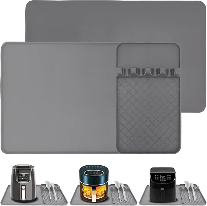 Silicone Heat Resistant Mat for Countertop - 24x16 Inch Air Fryer Mat with Kitchen Accessories Holder Pad for Microwave/Oven, Compatible with Ninja/Cosori/Chefman/Toshiba - Grey