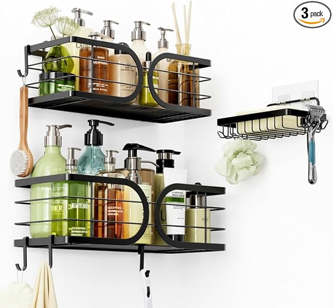 Shower Caddy 3 Pack Adhesive 304 Stainless Steel Shelves No Drill Durable Large Capacity Shower Rack Organizer Soap Holder Quick Dry Rustproof Bathroom Storage(Black)