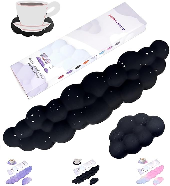Cloud Wrist Rest Set for Keyboard and Mouse, Includes Cute Coaster, for Computers and Laptops (Black Star Set)