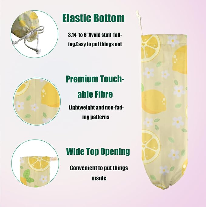 2 Pcs Lemon Plastic Bag Holder, Wall Mount Grocery Bag Holder for Plastic Bags, Flowers Reusable Large Grocery Bags Storage Dispenser for Home Kitchen Pantry Decor, Lemon Gifts for Women Mom