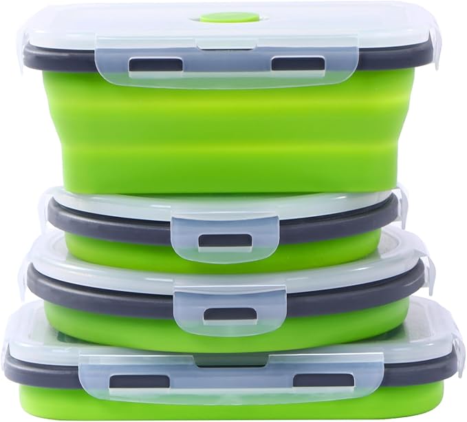 Collapsible Silicone Food Storage Containers, Set of 4 Foldable Storage Bowls with Airtight Lids, Silicone Lunch Box, Microwave,Freezer and Dishwasher Safe, BPA Free (Green, 500ml and 800ml)