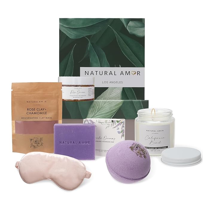 Natural Amor Spa Gift Set for Women – Handmade Lavender Soap, Rose Clay Mask, Candle, Rose Bath Salt & Sleep Mask – Relaxing Self Care Kit, Birthday Gift Box for Her