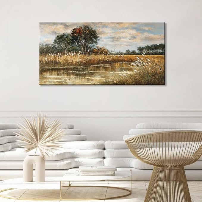 ZESTRILIA Wilderness Meadow Canvas Wall Art Wildflower Field Tree Oil Painting Reproduction Print Rustic Retro Vintage Artwork Landscape Picture for Country Farmhouse Living Room Bedroom (20x40inch)