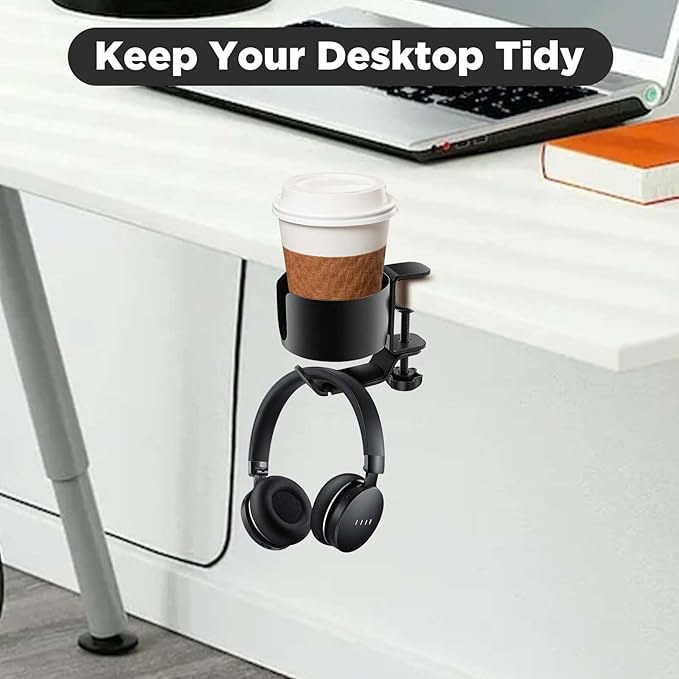 OOKUU 2-in-1 Desk Cup Holder with Headphone Hanger, Anti-Spill Cup Holder for Desk or Table, Easy to Install, Sturdy and Durable, Large Enough to Hold Coffee Mugs, Water Bottles, Headphones
