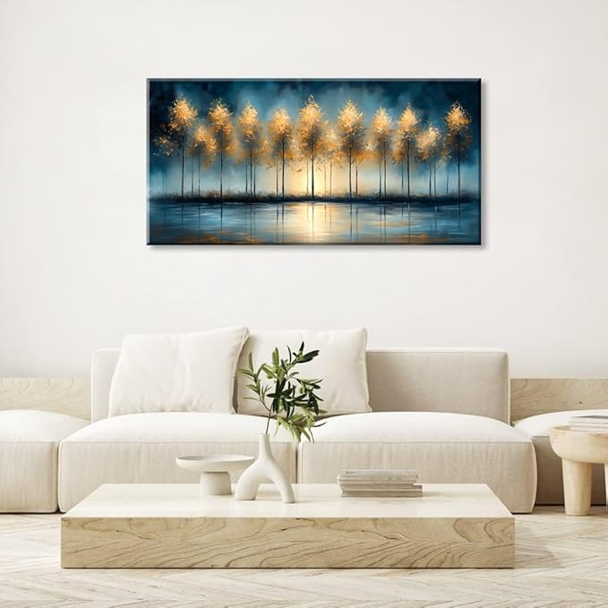 ZESTRILIA Golden Trees Wall Art Impression Canvas Abstract Sunset Oil Painting Reproduction Print Artwork Landscape Picture for Living Room Bedroom Home Office Kitchen Décor (20x40inch)
