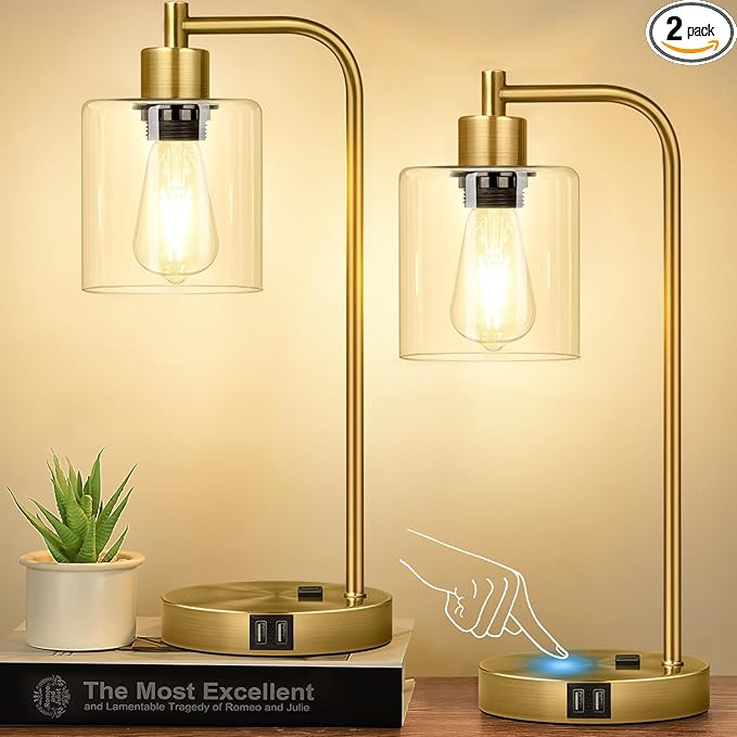 Industrial Touch Table Lamps Set of 2-2 USB Ports & AC Outlet Nightstand Lamps, 3-Way Dimmable Bedside Desk Lamp for Living Room Bedroom, Glass Shade & 2 LED Bulbs Included - Brass