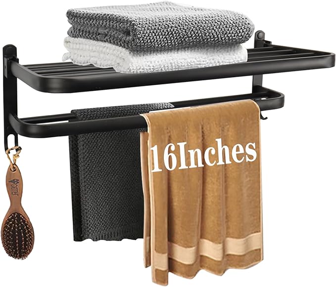 Towel Rack for Bathroom, Bath Towel Holder with Double Towel Bar and Foldable Towel Shelf, Rustproof Towel Organizer Wall Mounted Towel Storage Hanger for Bath/Balcony/Lavatory (16in Black)