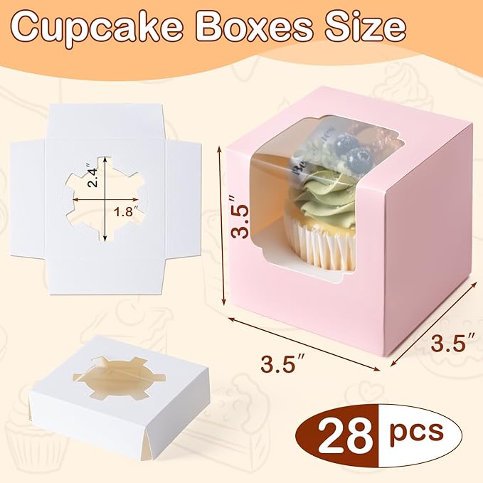 Hoewina 28PCS Cupcake Boxes, Individual Cupcake Containers with Window, Food Grade Cupcake Holders Carrier with Inserts, Stackable Deep Cake Box for Birthday Holiday Party Bakery Supplies (Pink)