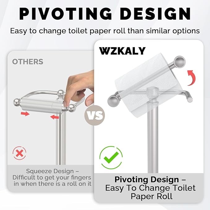 WZKALY Toilet Paper Holder Stand, Brushed Nickel Toilet Paper Holder Free Standing, Post Pivoting Design & Stable Weighted Base SUS304 Stainless Steel for Bathroom (Mega Roll)