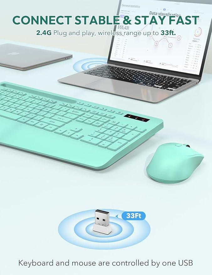 SABLUTE Wireless Keyboard and Mouse, Wrist Rest, Phone Holder, Batteries Included, 2.4G Lag-Free Ergonomic Keyboards Mouse Combo, Silent Keyboard Cordless Set for PC, Laptop, PC, Windows, Mint Green