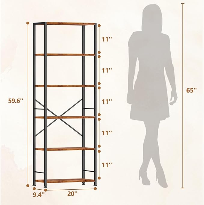 Furologee 6 Tier Book Shelf, Tall Wide Bookshelf, Industrial Open Bookcase, Display Shelves Storage Organizer, Shelving Unit for Living Room, Home Office, Bedroom, Rustic Brown