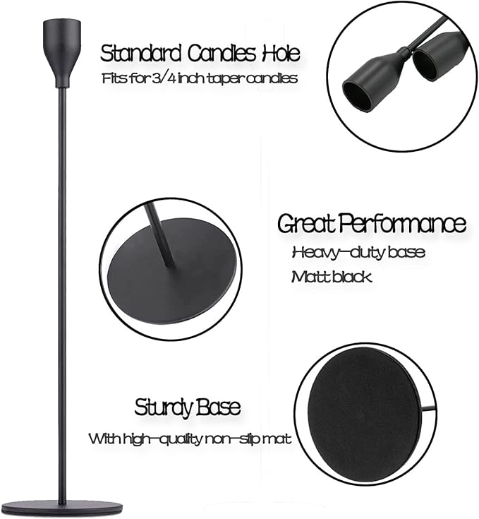 Matte Black Taper Candle Holder Set of 6, Tall Candlestick Holders, Metal Vintage Candle Stickers Long Holder Set, Pillar Decorative Candle Holder Fits 3/4 Inch Candle for Wedding, Dinner, Party
