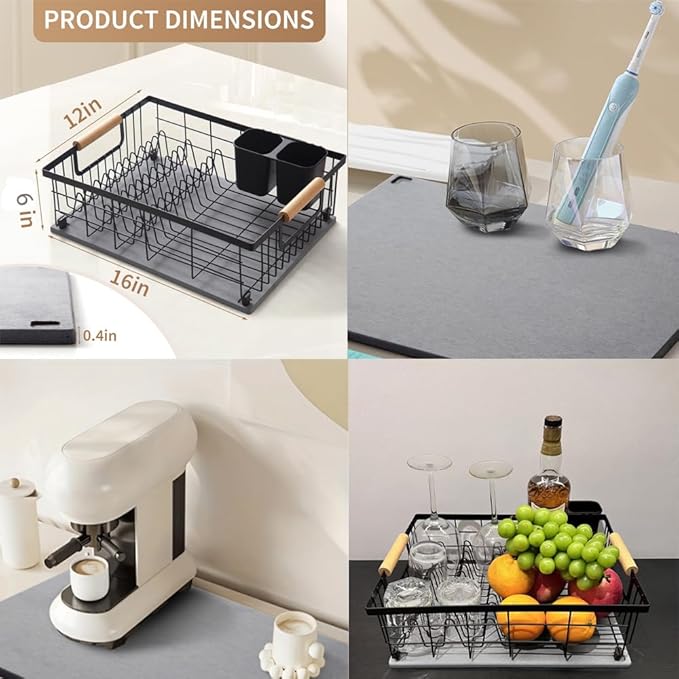 Lalaunicky Dish Drying Rack with Stone Drying Mat, Dish Drainer and Diatomaceous Earth Dish Mat, Dish Drainers for Kitchen Counter with Stone Dish Mat
