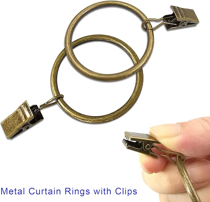 60 Pack Metal Curtain Rings with Clips, Curtain Clip Rings Hooks for Hanging Drapery Drapes Bows, Curtain Rod Rings 1.5 inch Interior Diameter, Bronze