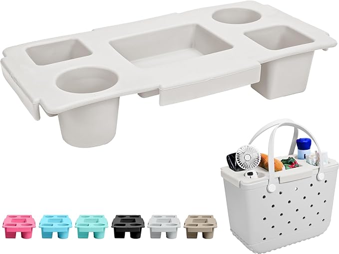 Tote Topper Tray Accessories for Bogg Bag Large Only – Waterproof EVA Table Top Organizer Lid with Cup Holder, Snack, Phone & Drink Holders for Beach, Pool, Picnic, Travel (White)