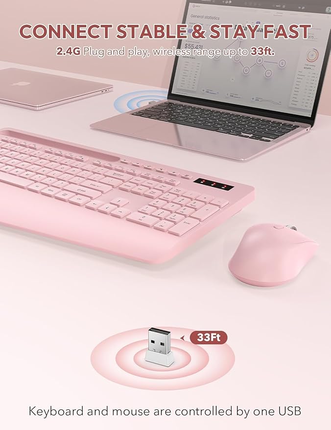 SABLUTE Wireless Keyboard and Mouse, Wrist Rest, Phone Holder, Batteries Included, 2.4G Lag-Free Ergonomic Keyboards Mouse Combo, Silent Keyboard Cordless Set for Computer, Laptop, PC, Windows, Pink