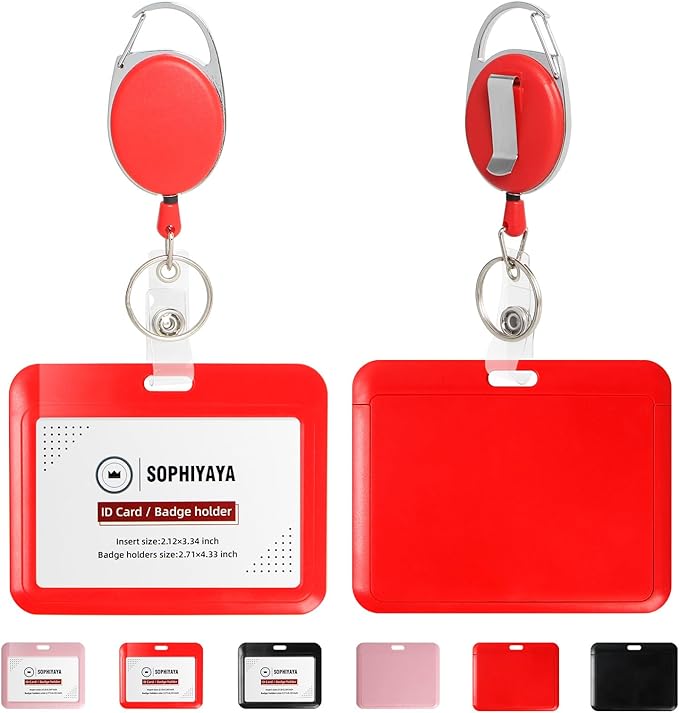 ID Badge Holder with Clip Badge Reels Retractable Heavy Duty Id Card with Carabiner Badge Reel with 24 inches Pull Cord for Office, School, Factory, Teacher (Red, Horizontal)