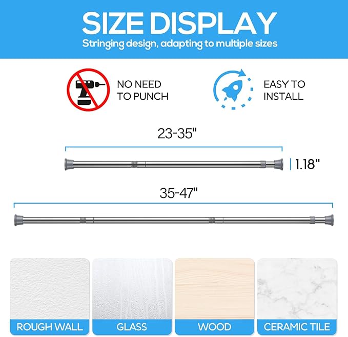 2-pack Spring Tension Rods, 23-46 Inch Adjustable Silver Tension Rod, Extendable Short Curtain Rod, Spring Loaded Curtain Rods, Tension Rod for Curtains, Closet, Kitchen