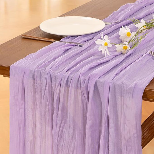 Socomi 2pcs Lilac Purple Lavender Cheesecloth Table Runner Summer Boho Rustic Gauze 120 inch 10FT Cheese Cloth Sheer Runner for Wedding Party Baby Shower Birthday Home Decor Holiday Decorations