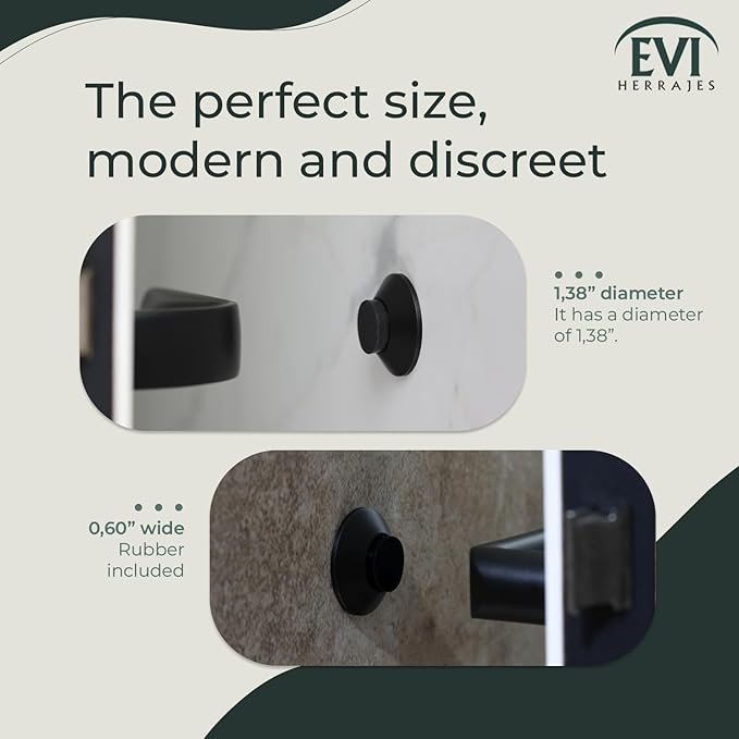 Evi Herrajes | Adhesive Door Stop | Wall Mounting | 1.37x0.59 | Black Lacquered Stainless Steel | Conical Shape | Two Rubbers Included | Adhesive or Screw Installation