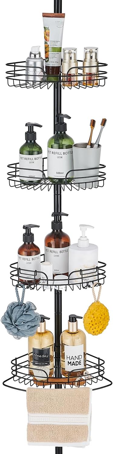 WPT Black Shower Caddy Tension Pole for Bathroom, Stainless Steel Corner Shower Caddy Organizer Stand for Bathtub Shampoo Storage, 4 Tier Adjustable Shelves, 28.7 to 104.7 Inches