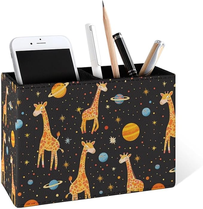 Famame Giraffe Space Cartoon Planet Pencil Holder for Desk, Leather Desktop Container Pen Cup Storage Study Table Pen Organizer Makeup Brush Holder for Classroom Office Home