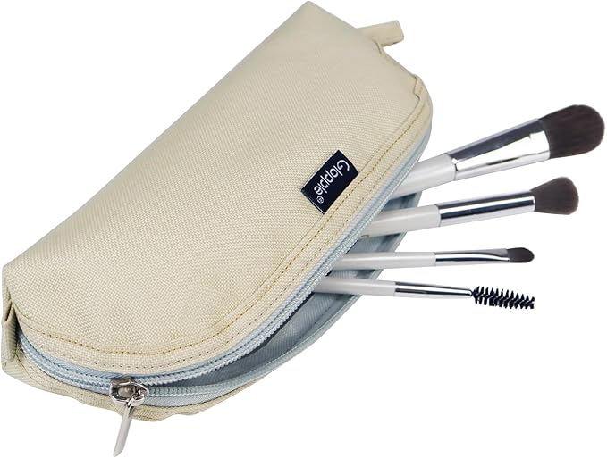 Gloppie Travel Makeup Brush Holder Portable Makeup Brush Traveling Case with Pouch - Small Cosmetic Pouch & Organizer for On-the-Go Beauty, Off White