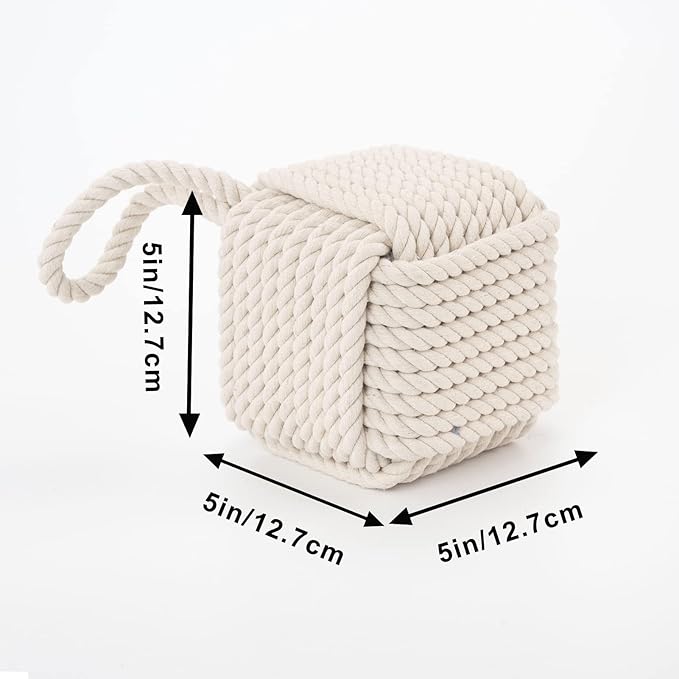 Marwood Rope Knot Door Stops Decorative Nautical Door Stopper Handmade with Handle, Weighted Interior Square Doorstop Sailor Knot for Door and Window - Beige (5"x5", 4.4lbs)