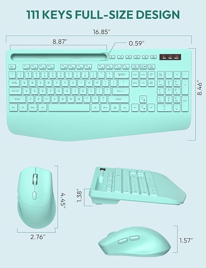 SABLUTE Wireless Keyboard and Mouse, Wrist Rest, Phone Holder, Batteries Included, 2.4G Lag-Free Ergonomic Keyboards Mouse Combo, Silent Keyboard Cordless Set for PC, Laptop, PC, Windows, Mint Green