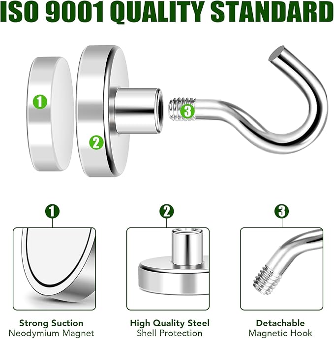 MIKEDE Magnetic Hooks Heavy Duty,50lbs Earth Magnets with Hooks for Refrigerator, Strong Magnets with Rust Proof Metal Hooks for Cruise Cabins, Outdoor Hanging BracketsClassroom, Outdoor - 12 Pack
