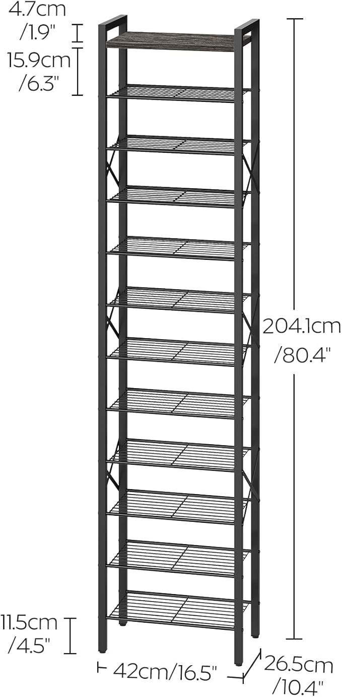 12-Tier Narrow Shoe Rack, Tall Shoe Rack for 12-24 Pairs, Slim Shoe Storage Organizer with Wooden Top, Space Saving, Metal Frame, for Entryway, Charcoal and Black SS61BC