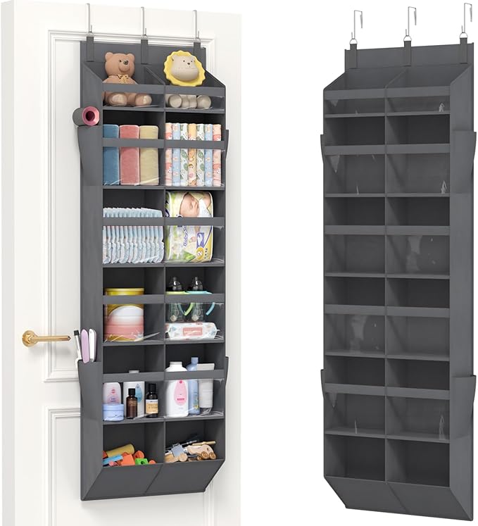 Lifewit 1 Pack Over the Door Organizer, 12 Section Clear Window Hanging Storage with 4 Side Pockets, Sturdy Anti Tilt 40 lbs Load Behind Door for Closet, Bedroom, Bathroom, Nursery, Dorm, Gray