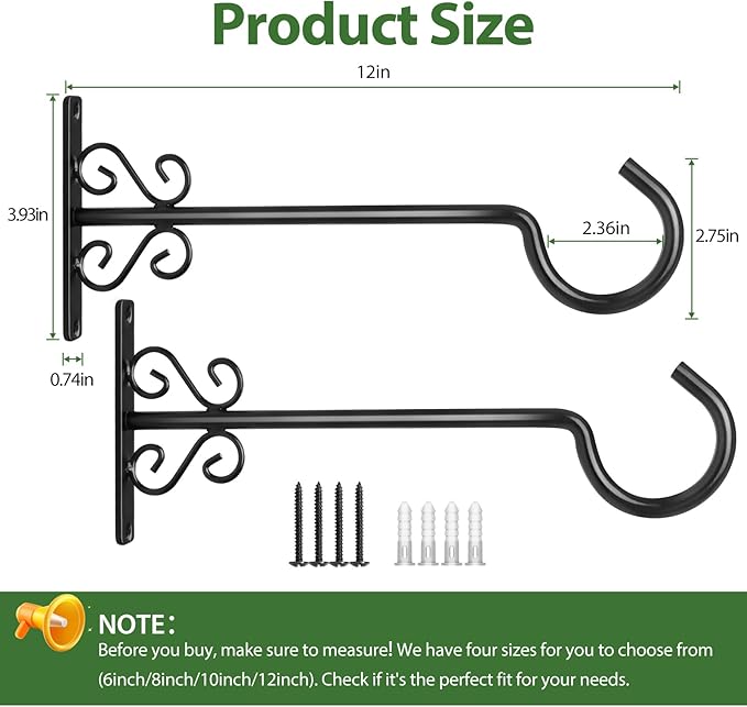 BOLITE Plant Hangers, 12 Inch Hanging Plant Brackets Outdoor or Indoor, Wall Hooks for Hanging Hummingbird Feeders, Bird Feeders, Planters, Lanterns, Wind Chimes, 2 Pack, Black, Gifts for Women Men