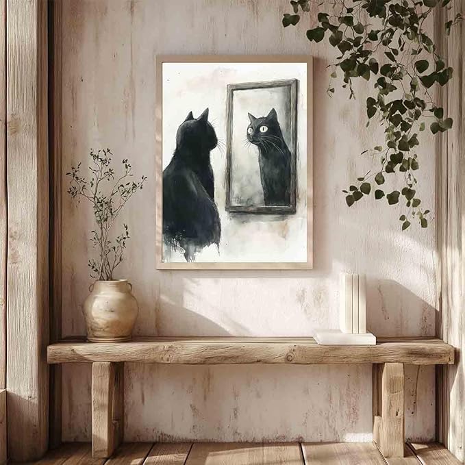 Funny Black Cat Wall Art Retro Cats Poster Black And White Animal Prints Quirky Animal Canvas Cat Mirror Wall Art Fanciful Vintage Farmhouse Painting Aesthetic Living Room Decor 16x24inch No Frame