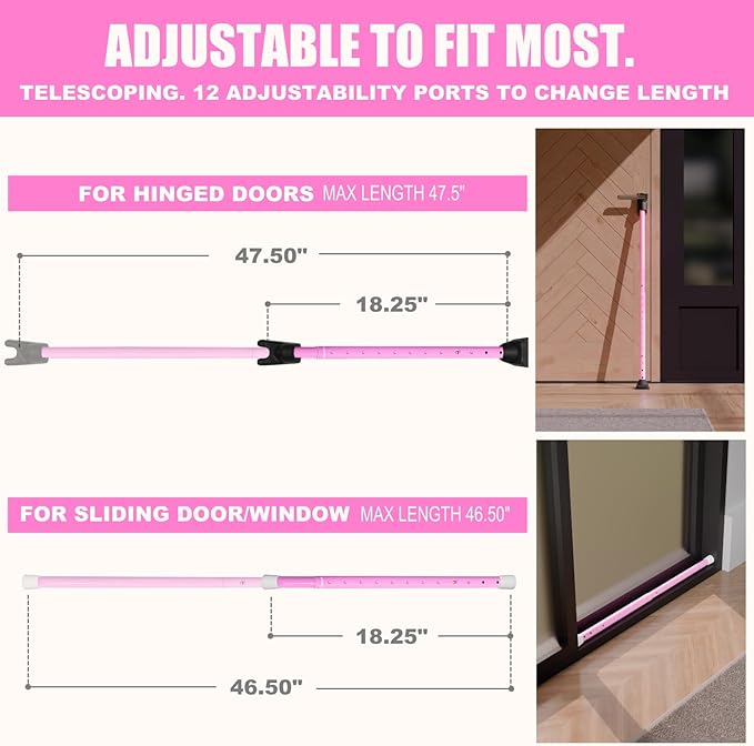 SECURITYMAN 3-in-1 Door Security Bar & Sliding Door Security Bar - Withstands 400lbs of Force - Door Jammer Constructed of High Grade Iron - Pink Door Stoppers - Patio, Window, Hinged Doors