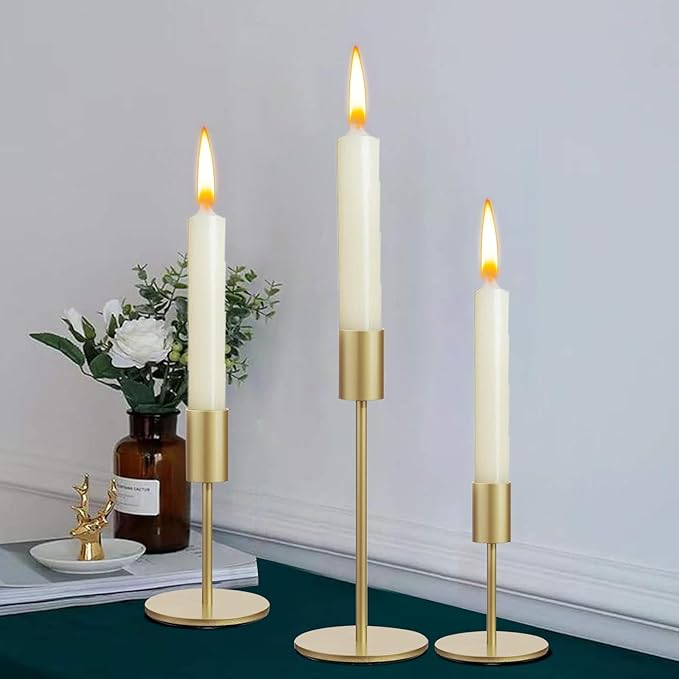 Taper Candle Holder Set of 6, Brass Gold Tall Candlestick Holders, Metal Vintage Candle Stickers Long Holder Set, Pillar Decorative Candle Holder Fits 3/4 Inch Candle for Wedding (Gold-6 Packs)