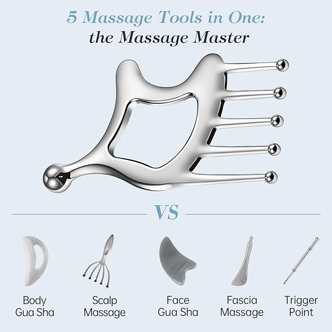 Metal Gua Sha Facial Tools, Portable Scalp Massage Tool, 5 in 1 Massage Comb for Head, Neck, Shoulders, Legs & Arms Hand Held Head Massager for Deep Relaxation and Relieving Fatigue & Pain, Home SPA