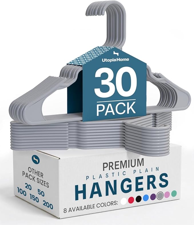 Utopia Home - Plastic Hangers 30 Pack - Space Saving Clothes Hanger - Durable and Strong Closet Organizers and Storage Makes It Ideal Stocking Stuffers or Apartment or Dorm Room Essentials (Grey)
