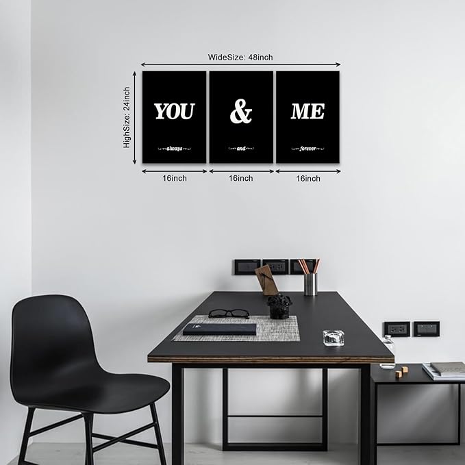 KAWAHONE 3 Pieces Black White You and Me Word Canvas Poster,Modern Lover Style Wall Art for Living Room Bedroom Home Decor