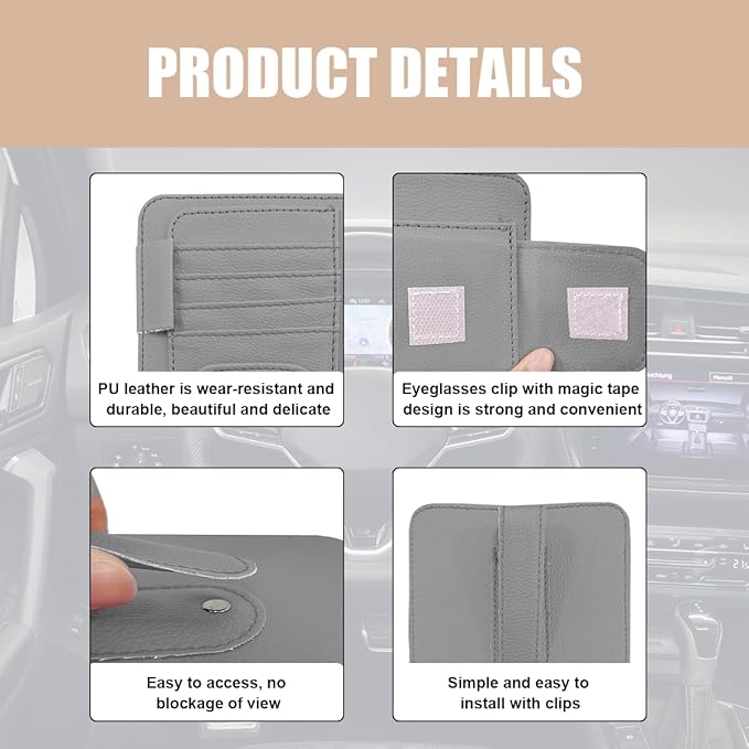 Augeny 2 PCS Car Sun Visor Organizer, Small Auto Visor Organizer and Storage, Registration and Document Holder for Sunglasses, Card, Pen, Driver License, Car Accessories (Gray)