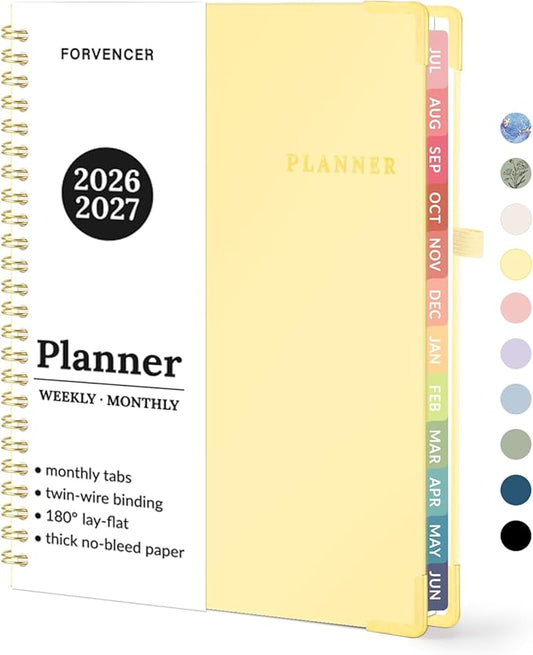 Forvencer Academic Planner 2026-2027, July 2026-June 2027 Weekly & Monthly Hardcover Calendar Planner, 6" X 8", Daily Agenda Book, School Office Notebook College Teacher Organizer A5, Tender Yellow
